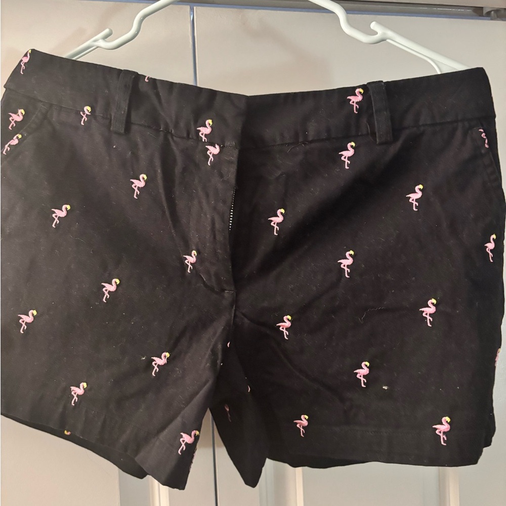 British Khaki Black Shorts with Pink Flamingo Pattern